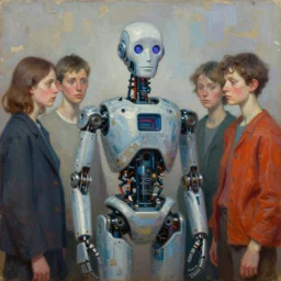 people are strange when you are a robot detailed and highly reliefed oil painting and analogue collage with canvas texture in style of conteporary art, photorealistic, surrealism, expressionism, masterpiece, balanced composition, calm vivid colors, grim atmosphere, spectacular quality, trending on artstation, intricate oil details