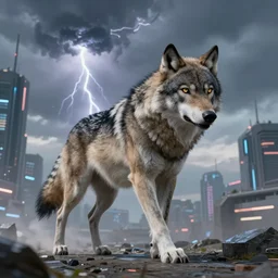 a portrait of a wolf with thunders in the sky in a future cybernetic city, outrun style and colours, highly detailed, 8k resolution, trending on arstation, by dan mumford