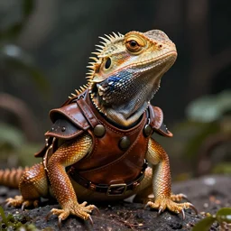 a frilled neck lizard wearing leather armor, unreal engine, volumetric lighting, artstation