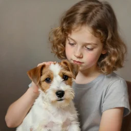 a seven year old girl with short wavy curly light brown hair petting the head of a very cute wire haired jack russell terrier puppy, white with brown patches over both eyes. detailed, high quality painting by artgerm and greg rutkowski and ilya kuvshinov