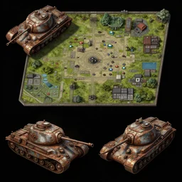 2 d overhead view, digital painted rusted dieselpunk tank virtual tabletop asset sheet, floor plan view, not isometric, roll 2 0, 2 - minute tabletop, battle map prop, black background, unity asset store, by greg rutkowski, trending on artstation