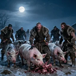 the slaughtering of 1 0 0 0 pigs by horrible viking men dressed in wolves clothing. winter time. moonlight.