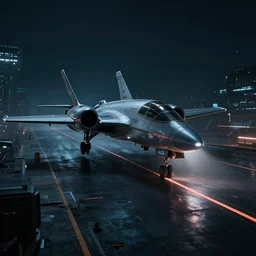futuristic sci fi jet plane arrives at runway of cyberpunk airport at night ,dark cinematic lighting , concept art