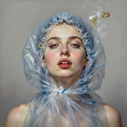 fine art portrait oil painting of a beautiful woman with garbage flying into her face, wearing a plastic garbage bag, perspective, ultra detailed, elegant, intricate, dynamic lighting, hyperrealism, sharp focus, art by peter mohrbacher and stefan kostic and andrei riabovitchev