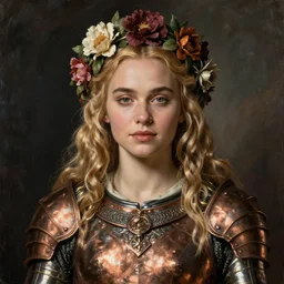 beautiful rugged emilia clarke, blonde hair, wearing copper armour, ornate flowers wreath, portrait, oil painting by titian, hard focus, masterpiece