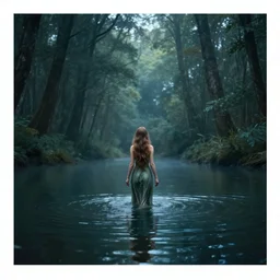 forest nymph rising from the water. view from behind, wide angle view, back view. nuri iyem, james gurney, james jean, greg rutkowski, anato finnstark. trending on artstation, starlight, and enchanted dreams. instagram photo shoot, sigma 3 5 mm, award winning photography