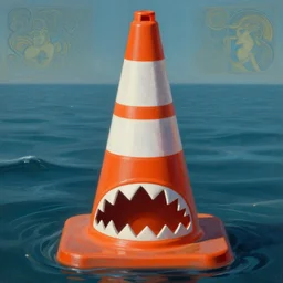 orange and white striped traffic cone with shark teeth around the bottom opening, ocean background detailed atmospheric - ron cheng & alphonse mucha, highly detailed, digital painting, ray tracing, concept art, illustration, smooth sharp focus, intricate, symmetry, artstation,
