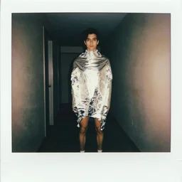 polaroid, man standing wrapped in aluminum foil, long legs, illuminated eyes, dimly lit hallway