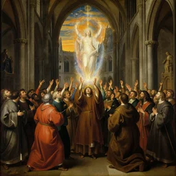 elisabeth louise vigee - le brun painting of large crowd of medieval monks in giant in a gothic cathedral interior raising new magical glowing spirit, at dusk sun lit light, old master painting with stunning lighting and details photoreal dusk sun lit light,