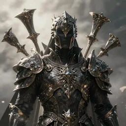 a sci fi close up portrait of a shadow mage with massive metal ornaments protruding from armor, majestic and futuristic, high detail, cyber - medieval, ornate metal, unreal engine, octane render, art by vitaly bulgarov artstation, destiny concept art, fog volumes, dual tone lighting, post processing, cgsociety