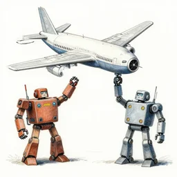 a drawing of robots building airplanes,