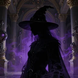 a close - up view portrait of a silhouetted supernatural witch in baroque neoclassicist halls overgrown with alien technology. close - up view, detailed textures. glowing purple fog, dark black background. highly detailed fantasy science fiction painting by moebius, norman rockwell, frank frazetta, and syd mead. rich colors, high contrast