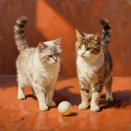 Dwa koty grające w ping ponga na pomarańczowym tle, oil painting