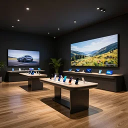 ( ( ( ( ( serious grounded balanced muted flagship samsung store, black walls. timber floor. low ceilings with spots. curved furniture, with large digital screen. display tables with phones and tablets, pots with plants, large digital screens on the walls ) ) ) ) ) transportation design sketch