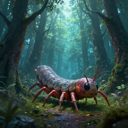 centipede monster - trees in futuristic spiritual mystical post apocalyptic forest from ukraine, dim painterly volumetric aquatic lighting, beautiful, crisp, artstation, highly detailed