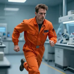 a man in an orange jumpsuit running through a laboratory, digital art, art by greg rutkowski, ross tran, artstation, deviantart, photorealistic, hyperdetailed, detailed face, dramatic, cinematic, high quality, studio photograph