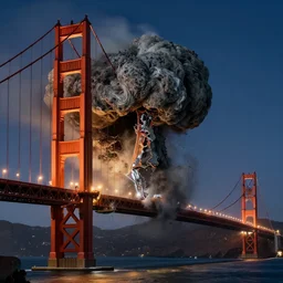 large meteor crashed into golden gate bridge, photorealistic, hyper real, nighttime