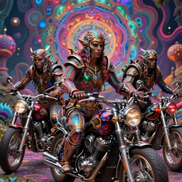 psychedelic post apocalyptic orcish biker gang, sharp focus, psychedelic colors, boris vallejo, michael whelan, 8 k, elegant, intricate