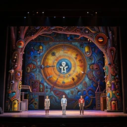 photo of a huge theaterstage, play is ghost in the machine, 3 actors on stage, 8 k, multicolored, exaggerated detailed, long shot