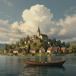 A beautiful rendition of a small medieval village near a lake as seen from a boat, cumulus clouds, dramatic composition, cinematic, concept art, golden ratio, matte painting, Marc Simonetti, Sergey Vasnev, Anato Finnstark, artstation, 8k, high resolution