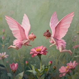 two pink fairies with large wings exploring their lonely flower garden by tom bagshaw, extremely detailed, muted colors