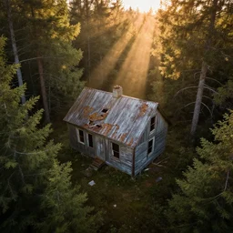 Drone shot of a Abandoned cabin in the woods, God rays, Golden hour, hyper realistic, hyper detailed, 3D, Octane Render