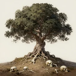 stunning northern subconscious tree on a hill, bones, skull, dirt, fantasy, intricate, elegant, highly detailed, digital painting, artstation, concept art, smooth, sharp focus, illustration, art by afshar petros and krenz cushart and artem demura