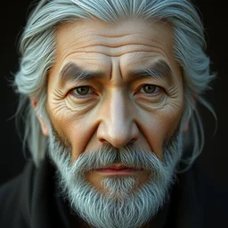 face closeup covered with 5 0 year old man, grey beard, long grey hair, symmetric face, 3 d render, hyper - realistic detailed portrait, ruan jia, wlop