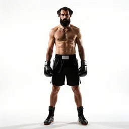 bearded boxer with gloves, cinematic studio photo, full body, standing, isolated on a pure white background, centered, whole figure in frame, sharp focus, studio lighting
