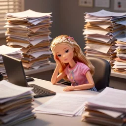 a tired!!!!! and sad!!!!! looking barbie doll sits at a desk in her office. she is surrounded by towers!!!! of loose papers!!!!!. her head is resting on her hand, photorealistic,