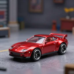 3 5 mm photo of metallic red zelda car like hot wheels model with a room as background, epic cinematic, epic lighting