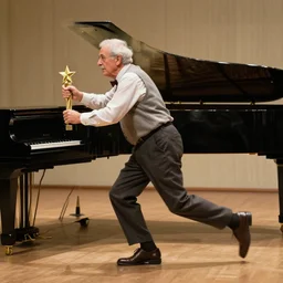 amazing award winning photo of an old man chasing a piano with legs, award winning photo