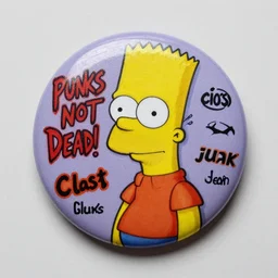 painting on a badge!!!!, photo of a bart simpson, punks not dead!!!!, exploited!!, clash, junk yard, rats!!, god save the queen!!!, punk rock album cover art style, grunge, no future!!!!