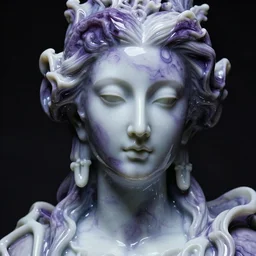 a dark baroque close - up portrait of a purple and white porcelain being made out of white liquid sci - fi vitrified translucent ceramic marble ; china. reflective detailed textures. gloomy black background. highly detailed fantasy science fiction painting by moebius, norman rockwell, frank frazetta, and syd mead. rich colors, high contrast. artstation