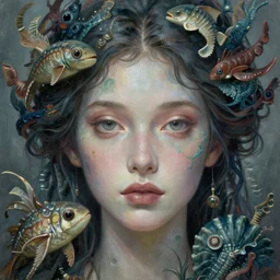 portrait of a graceful ocean goddess, unusual beauty, esoteric, muted colors, head in focus, ocean life aesthetics, intricate details, elegant, highly detailed, hyperrealistic painting, artstation, concept art, painterly, sharp focus, illustration, art by karol bak