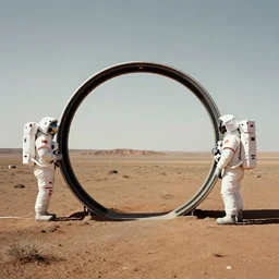 wide shot a circular portal opened in an empty field showing an astronaut on the surface of mars on the other side. hyper realistic, 4 k