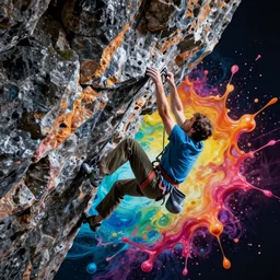 rock climbing from below splash art graphic design color splash high contrasting art, fantasy, highly detailed, art by greg rutkowski