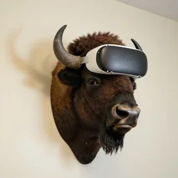 hunting trophy in the form of a bison, head dressed in oculus vr, nailed to the wall,
