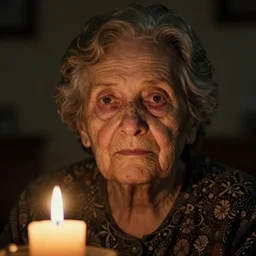 a close up portrait of a solitary old underweight lady frozen, full colour, hyper realistic photo, candle light, kodak porta, shallow depth of field, upscale, 8 k, masterpiece,