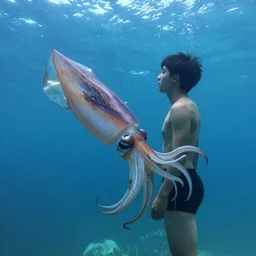 a person who is a mixture of a squid and a human, in a cove.