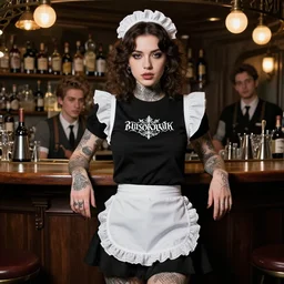 french bar maid, tattoos, black t - shirt, black skirt, detailed portrait, intricate complexity, by greg rutkowski, artgerm, ross tran, conrad roset, takato yomamoto, ilya kuvshinov. 4 k, beautiful, cinematic dramatic atmosphere