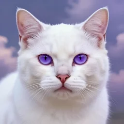 portrait of a white cat with purple eyes. closeup, intense look. lighting, clouds, bloom. fantasy, digital painting, hd, 4 k, detailed.