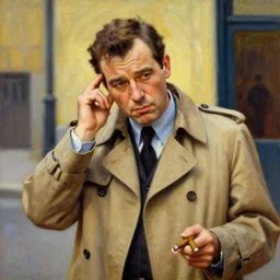 police detective columbo ( young peter falk ) in his trenchcoat, holding his head in one hand and a cigar in the other. 1 9 7 0 s oil painting in the style of edward hopper and ilya repin gaston bussiere, craig mullins. warm colors. detailed and hyperrealistic.