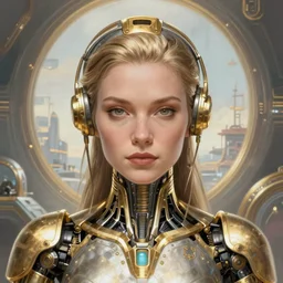 closeup portrait shot of a female biomechanic woman in a scenic scifi environment, intricate, elegant, highly detailed, centered, digital painting, artstation, concept art, smooth, sharp focus, golden metals, illustration, thomas kinkade, tomasz alen kopera, peter mohrbacher, donato giancola, leyendecker, boris vallejo