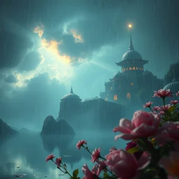 ta ha, volumetric lighting, highly detailed, by greg rutkowski, complementing colors, god looking at me, heavy rainy, lofty heavens, water reflection, flowers, hyper realistic, concept art, 8 k detail post - processing, cyberpunk, arcane style