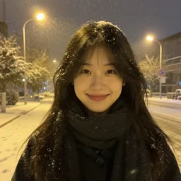 a smiling emo girl on a snowy night, close-up, yellow street lights in the background