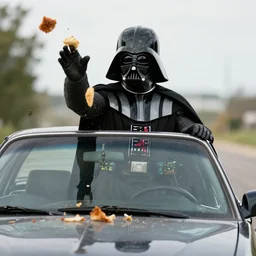 darth vader throwing food on a car, throwing food on car windshield