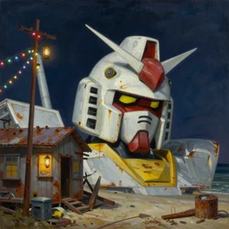 painting by dean cornwell, ilya repin, nc wyeth painting, ultra wide, vanishing point, 3 d perspective, beached life size gundam head, award winning, up close, climbing, beaching, rust, midnight, junk town, lanterns, makeshift house, colorful lightbulb festoon lights, telephone pole