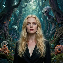 realistic detailed photorealistic film portrait shot of a beautiful blond woman with an alien in a futuristic forest by Denis Villeneuve, Amano, Yves Tanguy, Alphonse Mucha, Ernst Haeckel, Andrei Tarkovsky, Edward Robert Hughes, Roger Dean, rich moody colours, wide angle, blue eyes