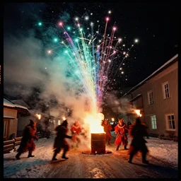 kodak portra 4 0 0, wetplate, winter, snowflakes, rainbow coloured rockets, chaos, glitter tornados, award winning dynamic photo of a bunch of hazardous krampus between exploding fire barrels by robert capas, motion blur, in a narrow lane in salzburg at night with colourful pyro fireworks and torches, teal lights